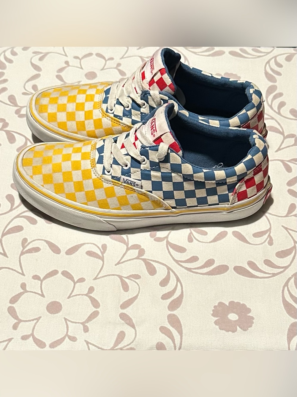 Vans Checkerboard Low Top Sneakers - Yellow, Blue & Red size 5.5